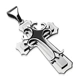 Stainless Steel Double Cross w/ Black Epoxy Gothic Top Cross Pendant - 55mm x 35mm