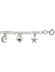 Sterling Silver Charm Bracelet w/ Dangling Stars, Hearts and Crescent Moon