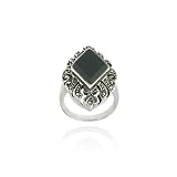 Sterling Silver Marcasite and Diamond Shape Onyx Filigree Ring