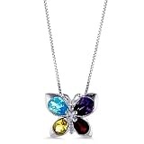 Sterling Silver Amethyst, Citrine, Blue Topaz and Garnet Butterfly Pendant with 18 Box Chain