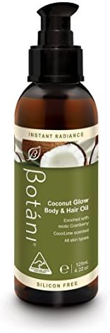 Botani Australia COCONUT GLOW BODY &amp; HAIR OIL (2-in-1) Body &amp; Hair Moisturizer / Frizz Treatment. Silicone-free. Mediterranean Crambe Oil provides rich amino acids &amp; Omega 3 &amp; 6. Coconut Lime Scent by BOTANI