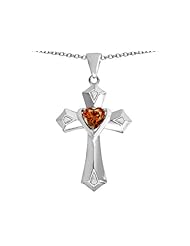 Original Star K (tm) Heart Cross Love Pendant with Heart Shape Simulated Garnet in 925 Sterling Silver