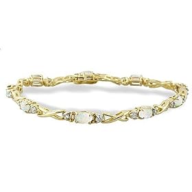 14K Yellow Gold Genuine Oval Opal and Diamond Bracelet by Opal Bracelets