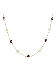 Sterling Silver with 10 Freshwater Pearls and 7 Garnet Oval Cabochon Necklace, 18"