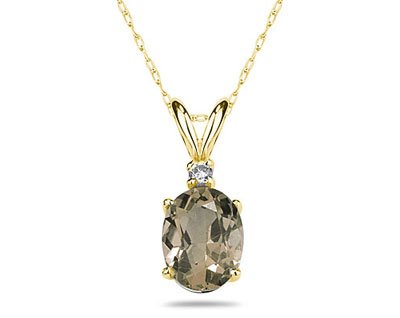 12X10mm Oval Smokey Quartz and Diamond Stud Pendant in 14K Yellow Gold
