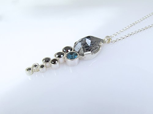 Sterling Silver Pendant With Pear Shaped Tourmalated Quartz, Black Diamonds And London Blue Topaz On Chain, Handmade, NOW ON SALE!