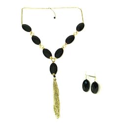 Black Gold Tone Long Beaded Cocktail Necklace Earring