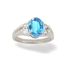 14K White Gold Genuine Oval Blue Topaz and Diamond Ring by Jewels For Me