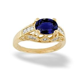 14K Yellow Gold Oval Created Sapphire and Diamond Antique Style Ring by Jewels For Me