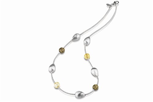 14K White Gold Hand-Woven Designer Mesh 16″ Necklace, Set with Matte and Brushed-Satin Finish Gold Nuggets and Colored Beads.