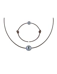Les Poulettes Jewels - Necklace and Bracelet Set Dark Grey Pearl 8-9 mm with Chocolate Color Wax Cord