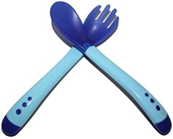 Heat Sensitive toddler infant spoon and fork training set. Baby feeding silicone forks and spoons. Tot feeding set, dishwasher safe BPA Free for children 4 months and up (Blue)