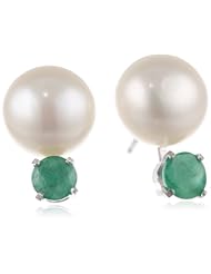 Sterling Silver 10-10.5mm Freshwater Cultured White Button Pearl Studs with 5mm Gemstone