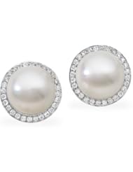 18K Palladium White Gold Pair 7/8Cttw/13.00mm Button-Fu South Sea Cultured Pearl & Diamond Earring