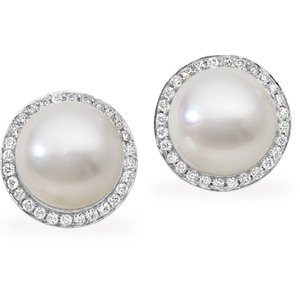 18k S. Sea Cult. Pearl Diamond Earring 7/8ct 13mm Button-Fu