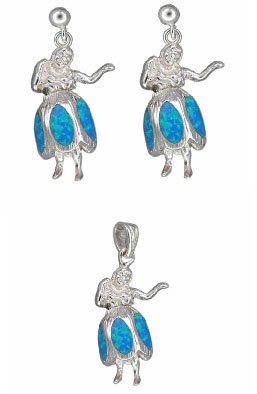 Sterling Silver Hawaiian Blue Opal Hula Girl Pendant and Earring Set