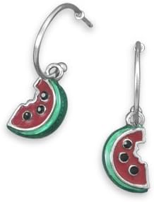 Rhodium Plated 1/2 Hoop Earrings with Watermelon Charm Rhodium plated sterling silver 1/2 hoop post back earrings with red and green enamel watermelon charms. The 7mm x 10mm 3D charms have black crystal accents. The earrings hang approximately 24mm. .925 Sterling Silver