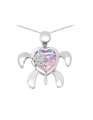 Original Star K (tm) Good Luck Mother and Child Turtle Pendant with Heart Shape Created Pink Opal in 925 Sterling Silver