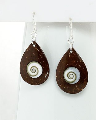 Beach Wood Coconut Shell and Swirl Inlay Sterling Silver Hook Earrings