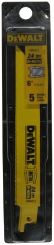 DEWALT DW4813 6-Inch 24-TPI Straight Back Bi-Metal Reciprocating Saw Blade, Metal Trim Cuts (5-Pack)