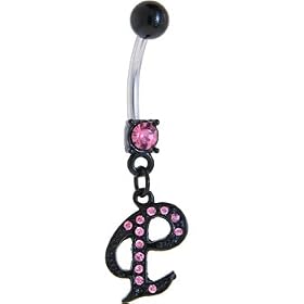 Black Anodized PINK Jeweled Initial Belly Ring-LETTER "P" by 