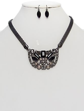 Fashion Vintage Black Crystal Rhinestone Statement Bib Pendant Necklace & Earring Set