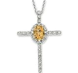 14K White Gold Citrine .22 Ct Diamond Cross Pendant