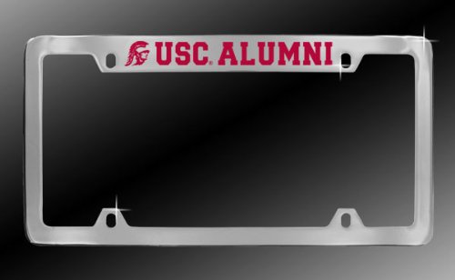 USC Chrome Metal Car License Plate Frame - USC Alumni - Red Lettering on Top