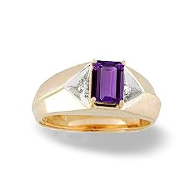 14K Yellow Gold Genuine Emerald-cut Amethyst and Diamond Mens Ring by Jewels For Me