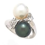14k White Gold, Diamond, South Sea White Pearl & Tahitian Black Pearl Ring (0.20ctw)- Sizes 6-8