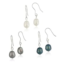 Sterling Silver Baroque Freshwater Cultured Pearl White, Grey, Peacock 3 Set Earrings