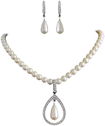 Fancy Simple Bridal Faux Artificial Pearl Drop Necklace Earring Set Crystal Clear