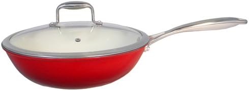 Fancy Cook Light Enamel Cast Iron Red Braiser with glass Lid, 4.5 Quart