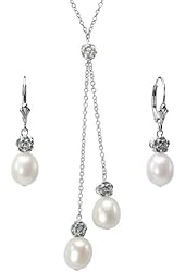 Isabella Rose 9-10mm Cultured Pearl Drop Silver Necklace and Drop Earrings Set