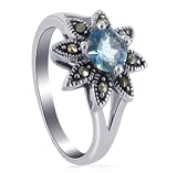 Sterling Silver Marcasite Band Aquamarine Cubic Zirconia Ring
