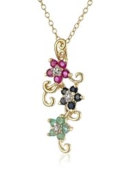 Yellow Gold Plated Sterling Silver Sapphire, Ruby, Emerald and Diamond Accent Flower Pendant, 18"