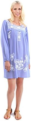 Spun Vintage Style Women's Dress Tunic (EWL-LS Design) Free Size Fit S To L White Embroidery Denim With White