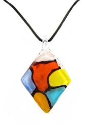 Necklace - N89 - Murano Glass Style - Diamond Shape ~ Red, Orange, Yellow, Aqua, Blue & White