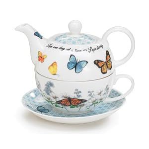Porcelain Butterfly Duo Teapot For One Inscribed with Live One Day At A Time - Love Always