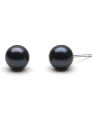 HinsonGayle Premium Handpicked Genuine Japanese Akoya 7.5-8.0mm Black Cultured Pearl Stud Earrings (Solid 14K White Gold)