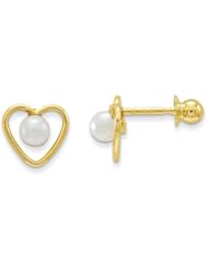 MadiK® Childrens 14K Yellow Gold 3mm Pearl Birthstone Heart Post Earrings