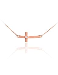 Ladies 14k Rose Gold Sideways Tiny Curved Diamond Cross Pendant Necklace