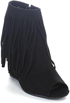ADIRANA DONYA-101 Women's Peep Toe Fringe Wedges Heel Ankle Boots, Color:BLACK, Size:7.5