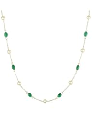 Sterling Silver Chain, Freshwater Pearl and 8 Station Green Onyx Cabochon Necklace