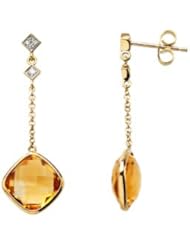14Ky W/Rhodium Genuine Checkerboard Citrine And Diamond Earring 14K Yellow Gold Pair .05 Ct Tw
