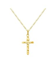 14K Yellow Gold Crucifix Cross Charm Pendant with Yellow Gold 1.6mm Figaro Chain Necklace with Spring Clasp - Pendant Necklace Combination (Different Chain Lengths Available)