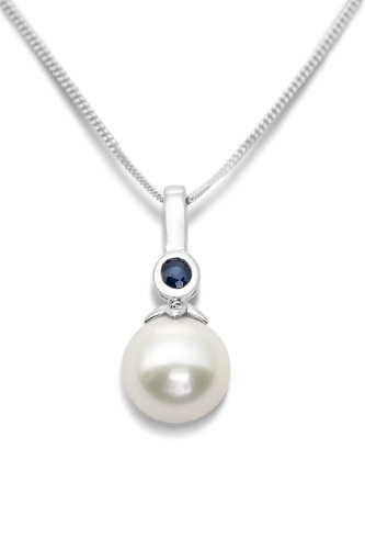 Miore Damen-Anh&auml;nger Perlen mit Kette 9 Karat Wei&szlig;gold S&uuml;&szlig;wasser-Zuchtperle 9mm Blau Saphi Preisvergleich
