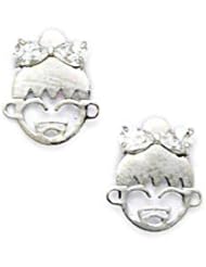 14k White Gold CZ Small Girl With Bow Screwback Earrings - Measures 10x9mm - JewelryWeb