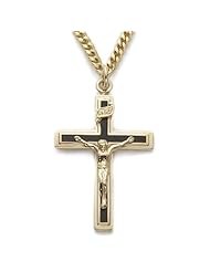 24K Gold Over .925 Sterling Silver Crucifix Pendant Necklace in a Polished Finish and Black Enameled Design Catholic Jewelry Crucifix Pendant Necklaces Gift Boxed.w/Chain Necklace 24" Length Gift Boxed.