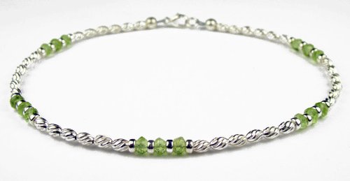 PERIDOT Sterling Silver Gemstone Ankle Bracelets: Handmade Jewelry with Adjustable 1 Inch Extension